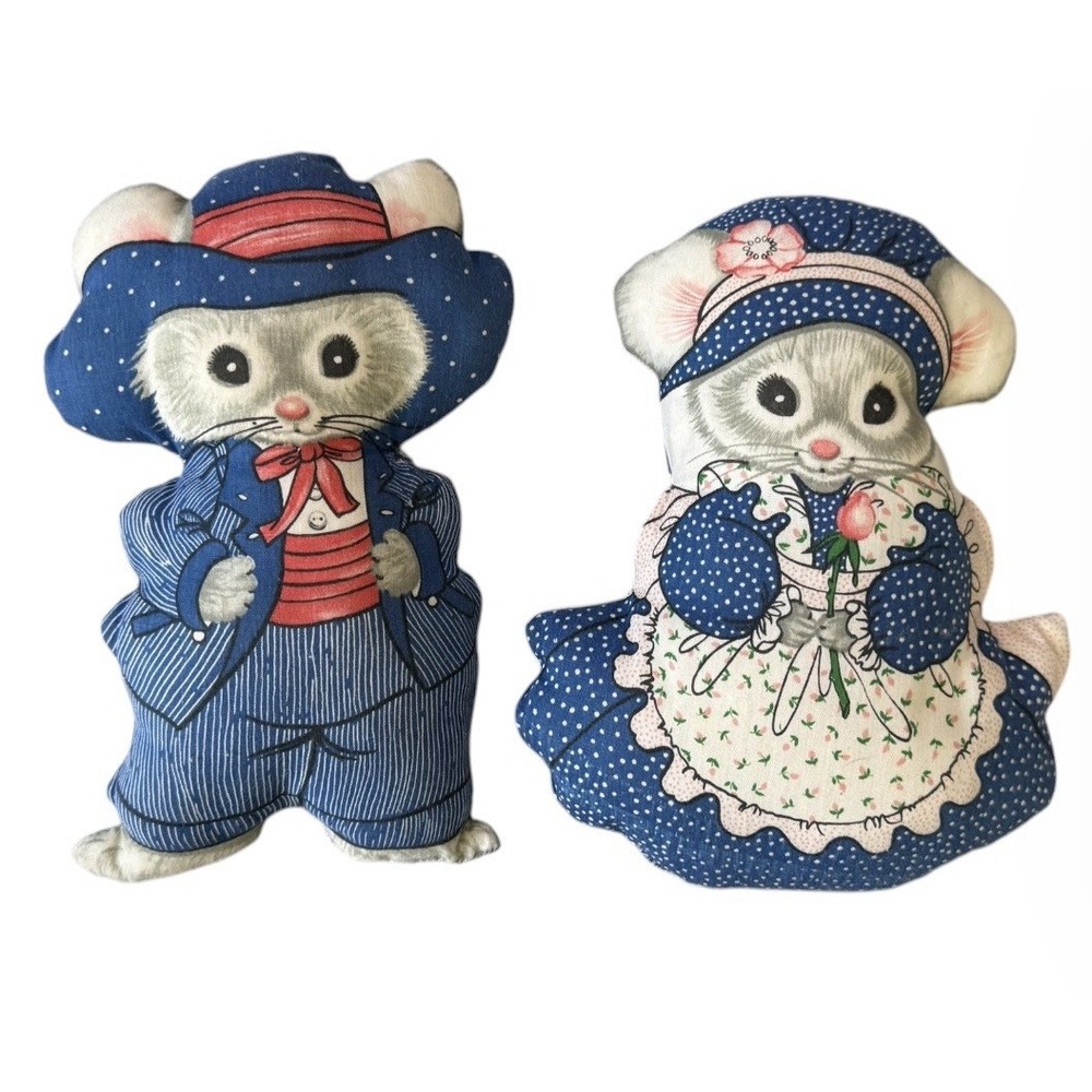 Vintage Spring Mills Mice Stuffed Dolls Pair Mom Dad Country Cottage Fabric